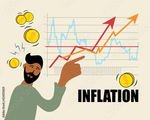 Inflation Man Pointing to Inflation Arrows and Diagrams. Coins getting less. Vector illustration for Web Banner, Infographics, Mobile
