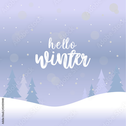 Hello winter design vector with winter snow landscape background