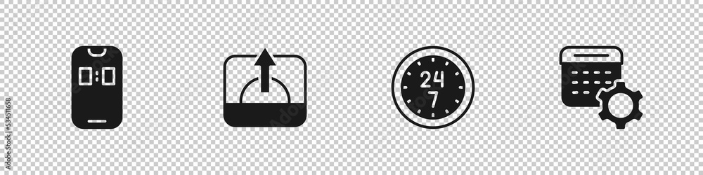 Set Alarm clock app mobile, Sunrise, Clock 24 hours and Calendar settings icon. Vector Set Alarm clock app mobile, Sunrise, Clock 24 hours and Calendar settings icon. Vector