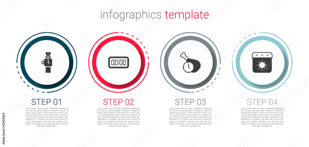 Set Wrist watch, Digital alarm clock, Food time and Calendar summer. Business infographic template. Vector Set Wrist watch, Digital alarm clock, Food time and Calendar summer. Business infographic template. Vector