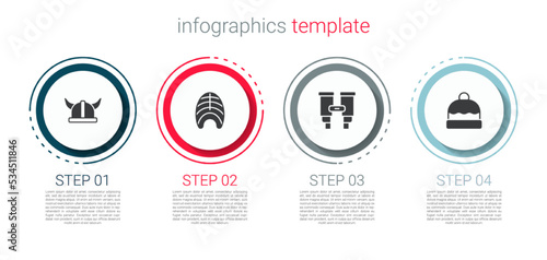 Set Viking in horned helmet, Fish steak, Binoculars and Beanie hat. Business infographic template. Vector