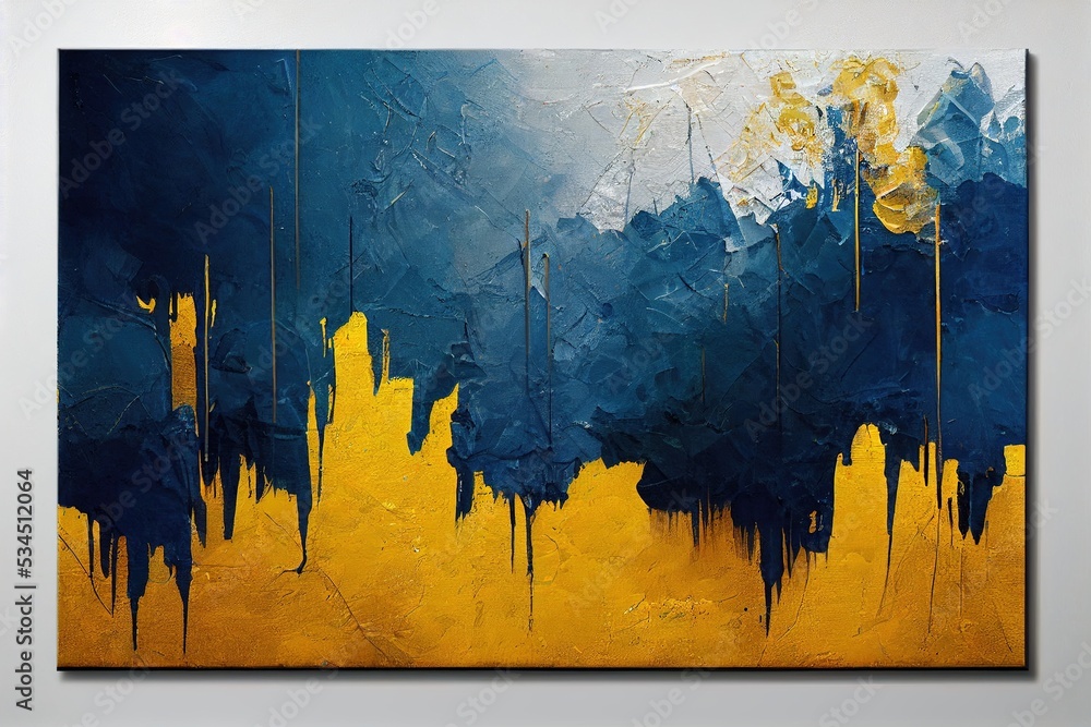 Artwork with textured paint strokes, painting on canvas. Acrylic art,  artistic texture. Abstract grungy background, light hand painted cover,  backdrop, yellow and dark blue color Stock Illustration | Adobe Stock