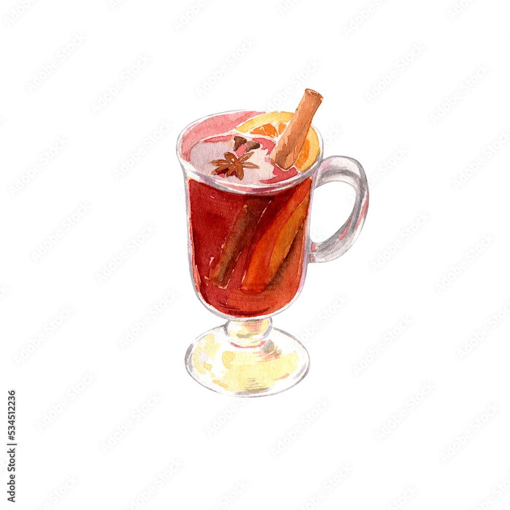 Watercolor illustration of mulled wine isolated on white background. Autumn handmade illustration. Isolated illustrations with no background. Watercolor illustration of mulled wine isolated on white background. Autumn handmade illustration. Isolated illustrations with no background.
