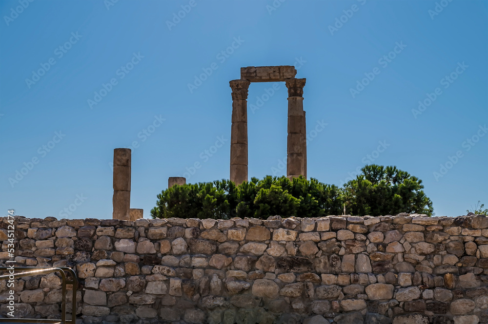A view toward the front of the temple of Hercules in the citadel in Amman, Jordan in summertime