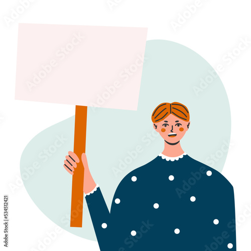 Female protester. Women demonstration, feminism. Woman rightss union, female power and solidarity. Flat vector illustration in trendy colors photo