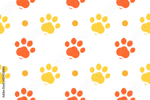 Trendy and modern vector yellow orange paw pattern seamless. Cute cat dog paws background. Paw print background 