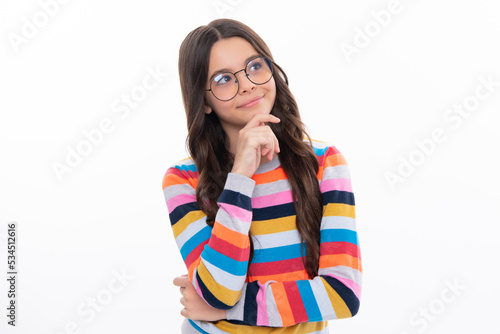 Thinking face, thoughtful emotions of teenager girl. Thoughtful teenage child girl on white isolated background. Portrait of a kid thinking over idea. Pensive girl.
