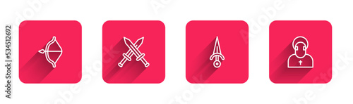 Set line Medieval bow and arrow, Crossed medieval sword, Dagger and Monk with long shadow. Red square button. Vector