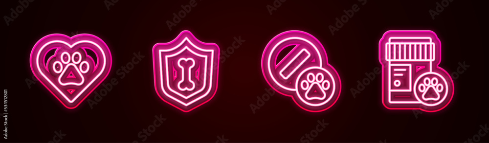 Set line Heart with animals footprint, Animal health insurance, Dog pill and medicine bottle. Glowing neon icon. Vector Set line Heart with animals footprint, Animal health insurance, Dog pill and medicine bottle. Glowing neon icon. Vector