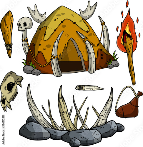 Set of caveman items. Hut of skins and bones, wooden club, skull of animal. Lifestyle of primitive man. Cartoon illustration