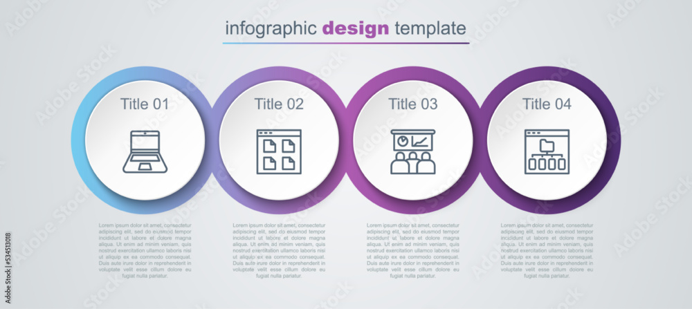 Set line Laptop, Browser files, Training, presentation and . Business infographic template. Vector