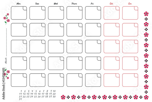 Page design in the style of Ukrainian embroidery for planning important things for the month, inscriptions in English