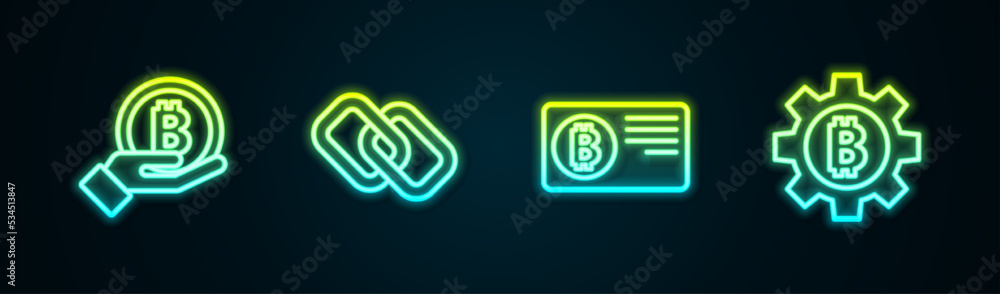 Set line Hand holding Bitcoin, Chain link, Credit card with bitcoin and Cryptocurrency. Glowing neon icon. Vector Set line Hand holding Bitcoin, Chain link, Credit card with bitcoin and Cryptocurrency. Glowing neon icon. Vector