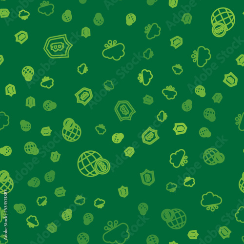 Set line Shield with bitcoin, Globe Bitcoin and Cryptocurrency cloud mining on seamless pattern. Vector