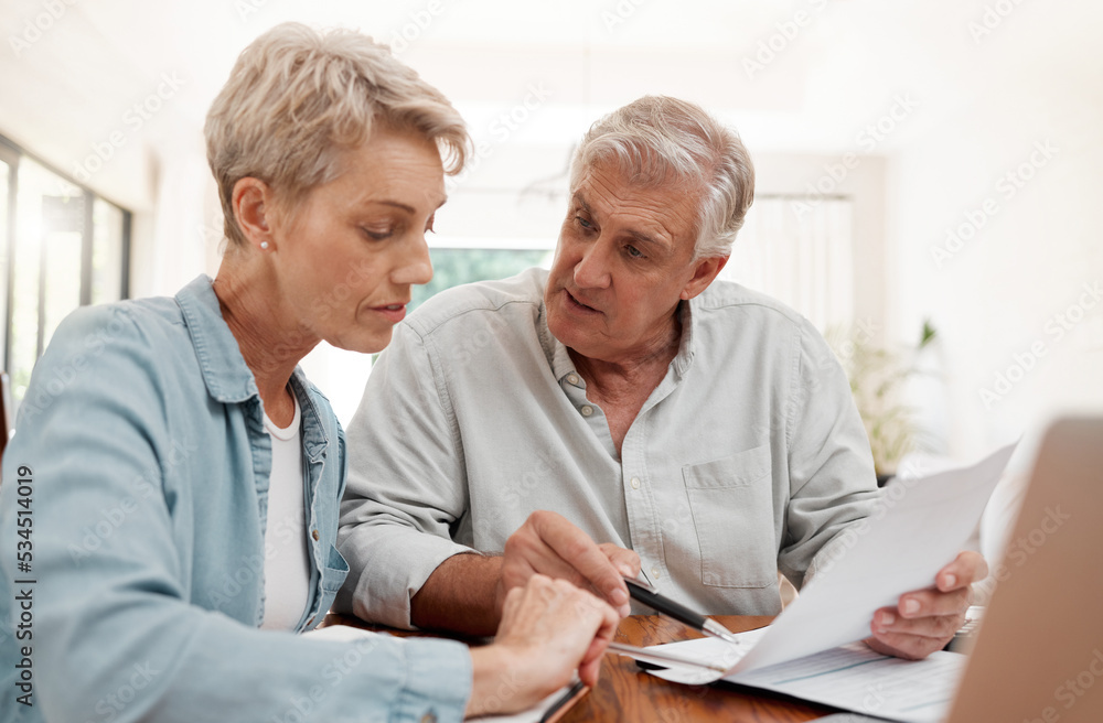 Finance, retirement and a couple online with budget or strategy plan with documents. Laptop, internet and savings, senior woman and man planning funds, mortgage or investment for retired lifestyle. Finance, retirement and a couple online with budget or strategy plan with documents. Laptop, internet and savings, senior woman and man planning funds, mortgage or investment for retired lifestyle.