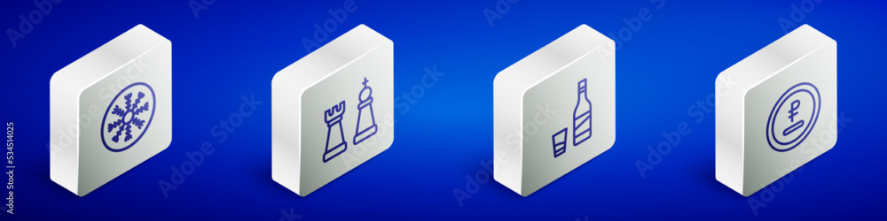 Set Isometric line Snowflake, Chess, Bottle of vodka with glass and Rouble, ruble currency icon. Vector Set Isometric line Snowflake, Chess, Bottle of vodka with glass and Rouble, ruble currency icon. Vector