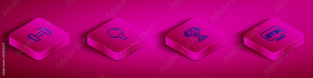 Set Isometric line Dumbbell, Racket and ball, Award cup and Location gym icon. Vector Set Isometric line Dumbbell, Racket and ball, Award cup and Location gym icon. Vector