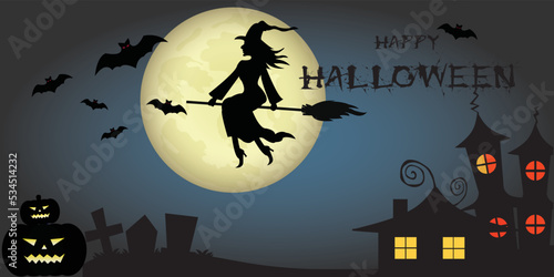 Halloween night full moon banner  composition with glowing witch pumpkins dark castle and bats flying halloween background concept,vector illustration.