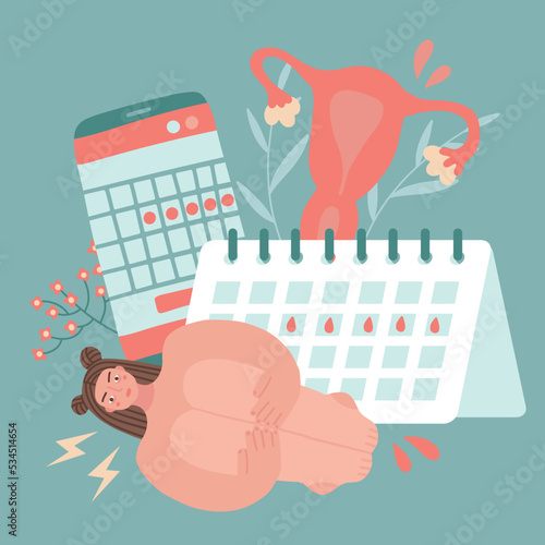 Unwell girl suffering from stomachache, abdominal pain during periods. Female period problems. Woman painful having menstruation on background of big calendar. Flat vector illustration.