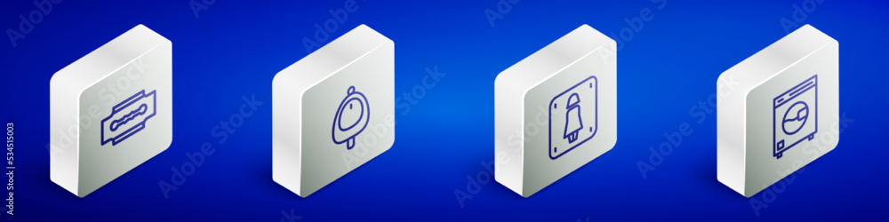 Set Isometric line Blade razor, Toilet urinal pissoir, Female toilet and Washer icon. Vector Set Isometric line Blade razor, Toilet urinal pissoir, Female toilet and Washer icon. Vector