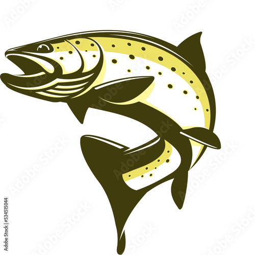 Trout fishing logo, Unique and fresh trout fish jumping out of the water, great to use as your trout fishing activity. 