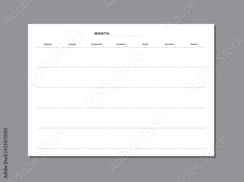Undated monthly calendar. Monthly planner. Printable or used for mobile application.