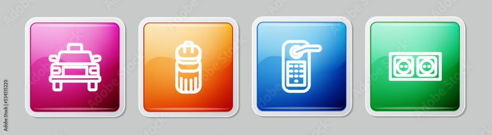Set line Taxi car, Trash can, Digital door lock and Electrical outlet. Colorful square button. Vector Set line Taxi car, Trash can, Digital door lock and Electrical outlet. Colorful square button. Vector