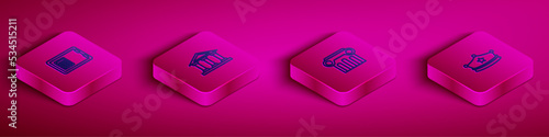 Set Isometric line Safe, Courthouse building, Law pillar and Police cap with cockade icon. Vector
