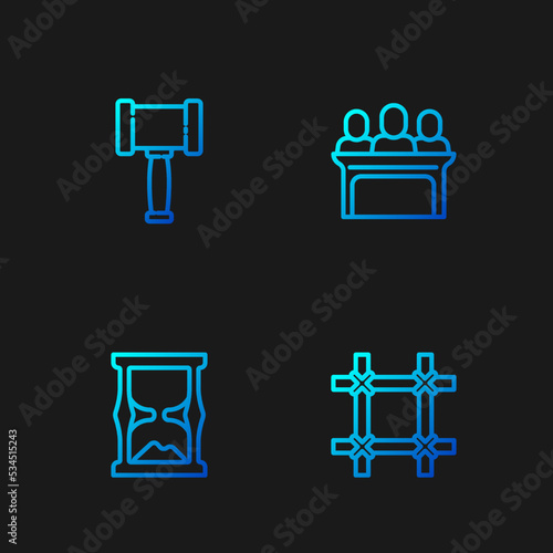 Set line Prison window, Old hourglass, Judge gavel and Jurors. Gradient color icons. Vector