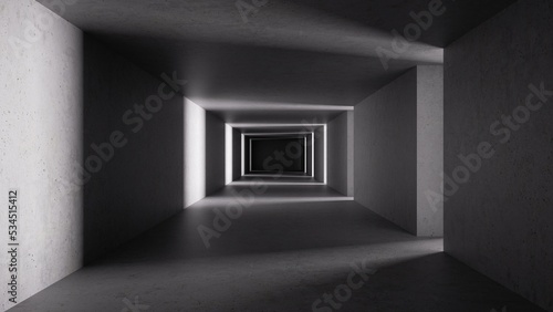 3d render, abstract background with empty dark tunnel, endless corridor, illuminated with light