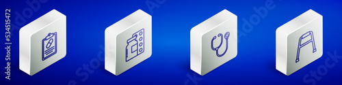 Set Isometric line Medical prescription, Pills in blister pack, Stethoscope and Walker icon. Vector