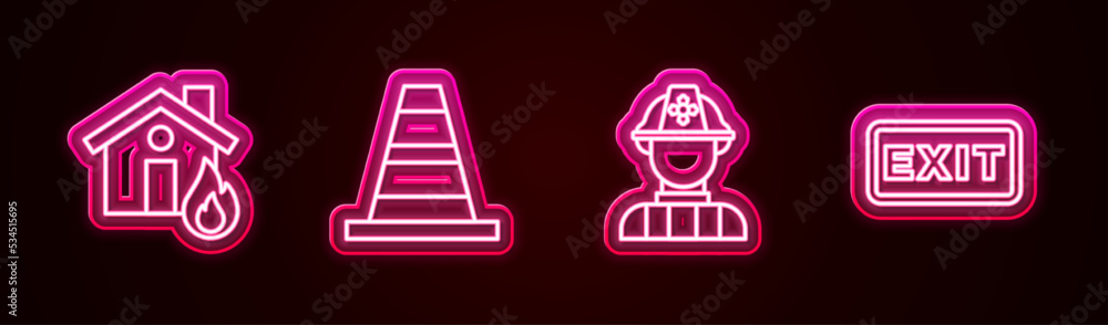 Set line Fire in burning house, Traffic cone, Firefighter and exit. Glowing neon icon. Vector Set line Fire in burning house, Traffic cone, Firefighter and exit. Glowing neon icon. Vector
