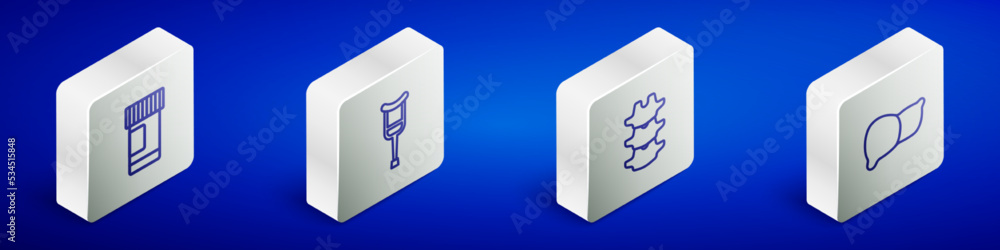 Set Isometric line Medicine bottle and pills, Crutch or crutches, Human spine and organ liver icon. Vector Set Isometric line Medicine bottle and pills, Crutch or crutches, Human spine and organ liver icon. Vector