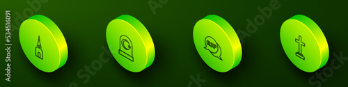 Set Isometric line Church building, Muslim cemetery, Speech bubble rip death and Grave with cross icon. Vector