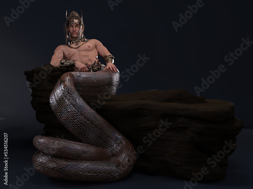 3D Render : A human-snake hybrid male creature, half snake half human, fantasy lord male naga character photo