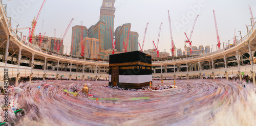 Holy Place Kaaba, people circumambulating during the day, photographed with long exposure technique, Mecca, Saudi Arabia photo