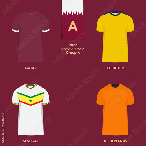 Match schedule group A : Brazil, Ecuador, Senegal, Netherlands. 2022 final draw results table, jersey of countries participating to the world international soccer tournament in Qatar.
