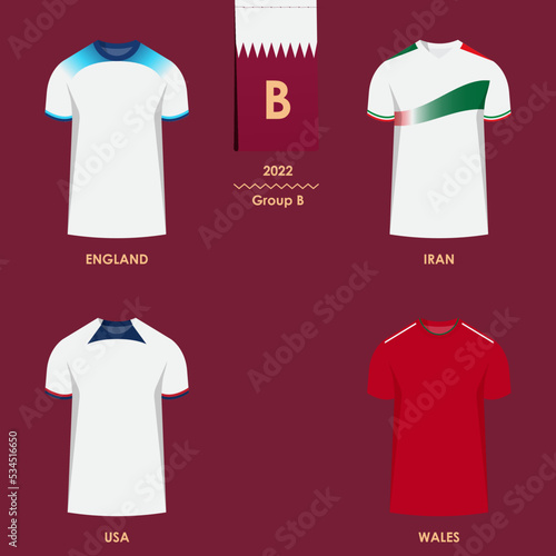 Match schedule group B : England, Iran, USA, Wales. 2022 final draw results table, jersey of countries participating to the world international soccer tournament in Qatar