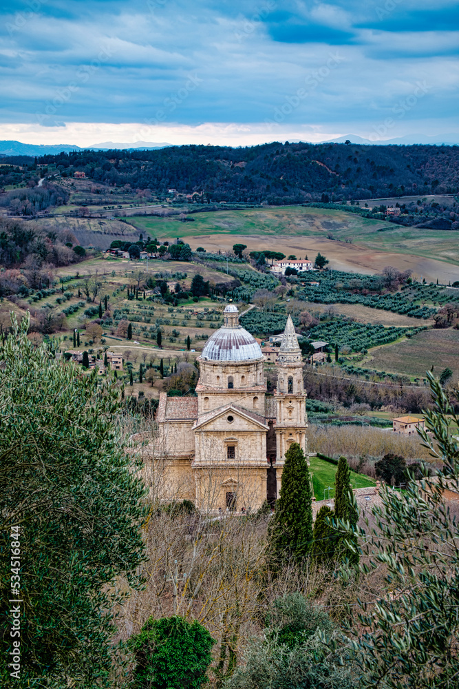 View from the city center towards the countryside and the Church of S.Biagio in Montepulciano Siena Tuscany Italy