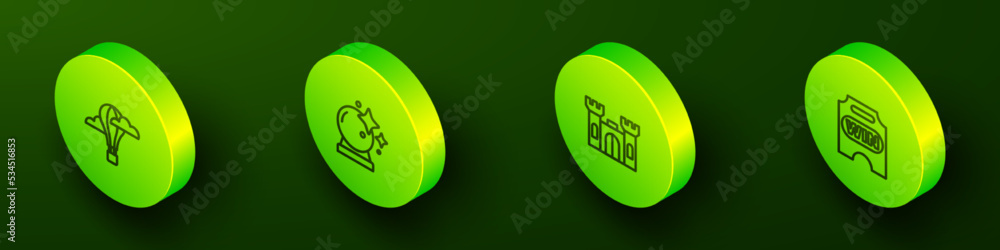 Set Isometric line Hot air balloon, Magic, Castle and Circus ticket icon. Vector Set Isometric line Hot air balloon, Magic, Castle and Circus ticket icon. Vector