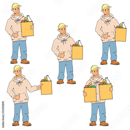 A set of illustrations of a friendly young man, a courier. In his hand he holds a bag of groceries. The concept of fast food delivery to your home. Modern stock vector illustration of food delivery. 