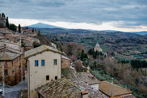 View from the city center towards the countryside in Montepulciano Siena Tuscany Italy