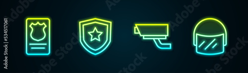 Set line Police badge with id case, , Security camera and helmet. Glowing neon icon. Vector