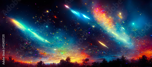 abstract background of outer space with ultra bright stars and comets on the theme of explosions and life in space