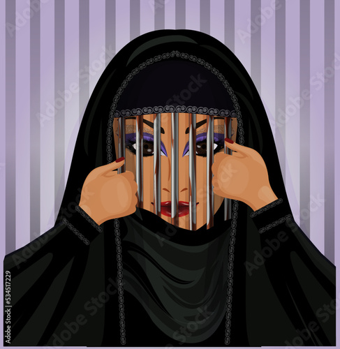 Burka is like a prison. Arab muslim woman in burqa breaks the cage from an iron grate, background vector illustration