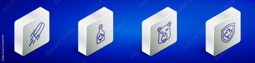 Set Isometric line Hockey puck, Bottle of maple syrup, Beaver animal and Canada flag on shield icon. Vector Set Isometric line Hockey puck, Bottle of maple syrup, Beaver animal and Canada flag on shield icon. Vector