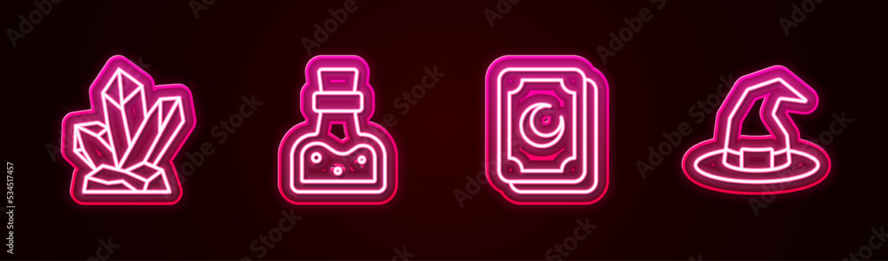 Set line Magic stone, Bottle with potion, Tarot cards and Witch hat. Glowing neon icon. Vector Set line Magic stone, Bottle with potion, Tarot cards and Witch hat. Glowing neon icon. Vector