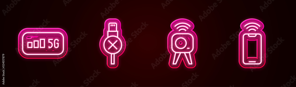Set line 5G wireless internet, No usb cable cord, Web camera and Mobile with wi-fi. Glowing neon icon. Vector Set line 5G wireless internet, No usb cable cord, Web camera and Mobile with wi-fi. Glowing neon icon. Vector