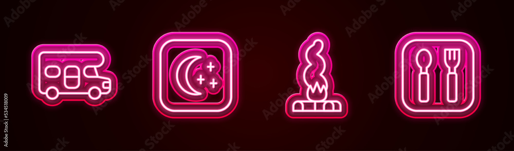 Set line RV motorhome vehicle, Moon and stars, Campfire and Fork spoon. Glowing neon icon. Vector Set line RV motorhome vehicle, Moon and stars, Campfire and Fork spoon. Glowing neon icon. Vector