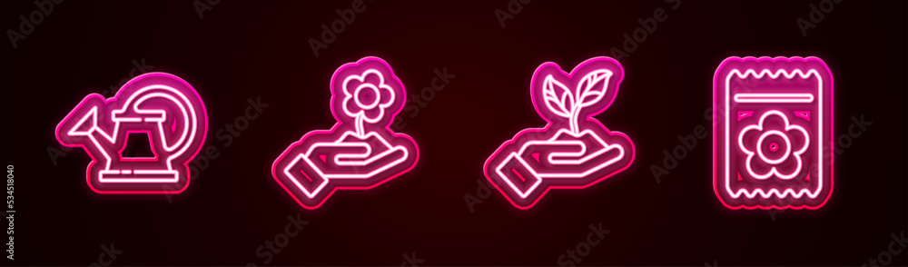 Set line Watering can, Hand holding flower, Plant hand of environmental and Pack full seeds plant. Glowing neon icon. Vector Set line Watering can, Hand holding flower, Plant hand of environmental and Pack full seeds plant. Glowing neon icon. Vector